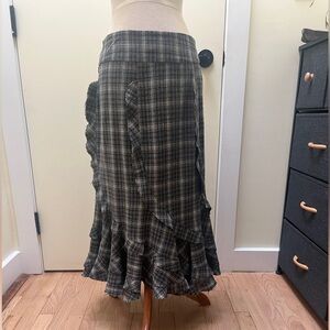 Brooklyn Industries Plaid Ruffle-Hem Midi Skirt in Gray Plaid